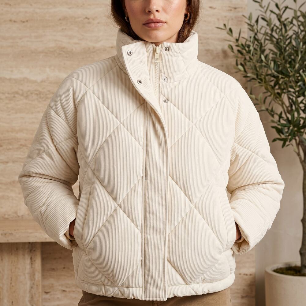 Madewell Women's Quilted Corduroy Puffer Jacket Hooded Ivory Neutral Cozy M